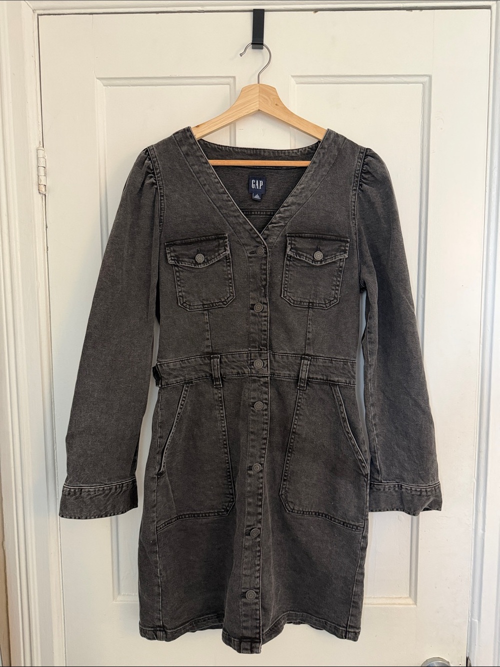 GAP Black Washed Denim Utility Dress Jacket
